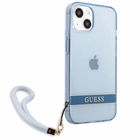 Guess GUHCP13MHTSGSB iPhone 13 6.1 viedtālruņa apvalks, zils, ciets, daļēji caurspīdīgs ar siksniņu
