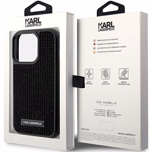 Karl Lagerfeld Rhinestone logotips metāla plāksne apvalks iPhone 15 Pro - melns