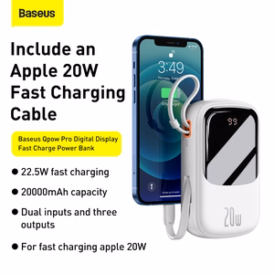 Baseus portatīvais lādētājs 20000mAh Qpow Pro - USB + Type C - PD 20W ar Lightning kabeli (PPQD060202) balta