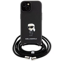 Karl Lagerfeld krustveida Saffiano monogramma metāla piespraude Karl & Choupette viedtālruņa apvalks iPhone 15 - melns