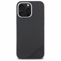 Mercedes MEHMP16L23SUGDK iPhone 16 Pro 6.3" melns cietais silikona viedtālruņa apvalks ar tonālo logotipu un koka rakstu Magnētiskais (MagSafe)