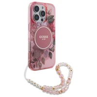 Guess IML Flowers With Pearl Strap MagSafe viedtālruņa apvalks iPhone 16 Pro Max - rozā