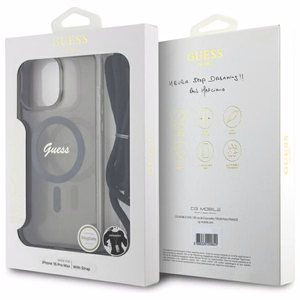 Guess Crossbody Cord Script Magnētiskais viedtālruņa apvalks iPhone 16 Pro Max - melns