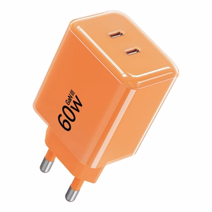 Tālruņa lādētājs Forcell F-Energy GaN III Crystal Color, 2x USB C, AVS, SSFC3.0, 60W + silikona kabelis USB C uz USB C VT-60, oranžs