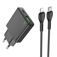 Viedtālruņa lādētājs Hoco Slim USB A + USB C QC3.0 PD 3A 20W + kabelis USB C uz Lightning N38 melns