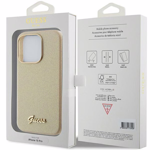 Guess Mirdzošs glancēts uzraksts apvalks iPhone 15 Pro - zelta