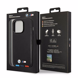 BMW BMHMP14X22PTDK iPhone 14 Pro Max 6.7 - melns ādas vāciņš ar trīskrāsainu zīmējumu MagSafe