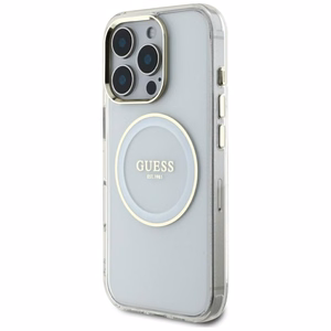 Guess IML Metal Colored Circle Classic Logo Magnētiskais viedtālruņa apvalks iPhone 16 Pro Max - balts