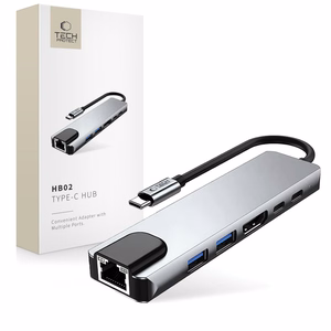 Tech-Protect HB02 HUB adapteris 6in1 USB-C + USB2.0 + USB3.0 + HDMI 4K 30Hz + RJ45 + PD100W - pelēks