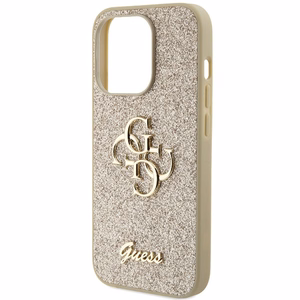 Guess Glitter Script Big 4G viedtālruņa apvalks iPhone 15 Pro – zeltains