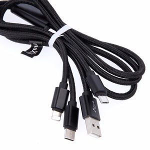 Maxlife 3in1 kabelis USB - Lightning + USB-C + microUSB 1,0 m 2,1A melnais neilons