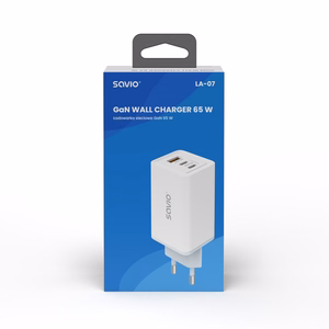SAVIO LA-07 GaN 65W mains charger, USB, QC4.0+, PD 3.0, balts