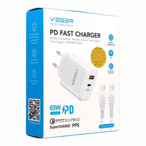 Tālruņa lādētājs VEGER USB A + C tips PD QC3.0 3,25 A 65 W + kabelis USB C uz USB C TR67, balts