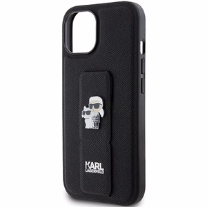 Karl Lagerfeld Gripstand Saffiano Karl&Choupette Pins viedtālruņa apvalks iPhone 15 - melns