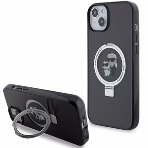 Karl Lagerfeld KLHMP15SHMRSKCK iPhone 15 6.1" melns/melns cietais apvalks ar gredzena statīvu Karl&Choupette Magnētiskais