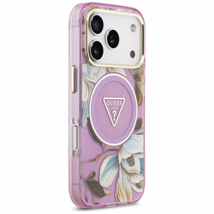 Guess IML Glitter Flowers Triangle MagSafe maciņš modelim iPhone 17 Pro / 18 Pro – violets