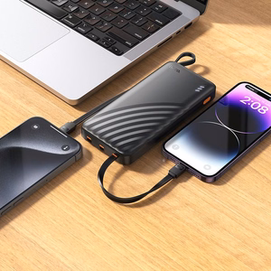 Portatīvais lādētājs Hoco 10000 mAh 2A ar četriem iebūvētiem kabeļiem USB A + USB C + Lightning + Micro USB J146 melns