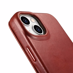iCarer CE Premium ādas folio vāciņš iPhone 14 Plus ar MagSafe magnētisku flip vāciņu - sarkanā krāsā