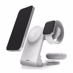 STM ChargeTree MAG pārnēsājama 3 vienā bezvadu uzlādes stacija iPhone, Apple Watch un AirPods ierīcēm, saderīga ar MagSafe, balta