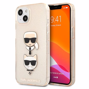 Karl Lagerfeld Glitter Karl & Choupette Head vāciņš ierīcei iPhone 13 mini, zelta krāsā