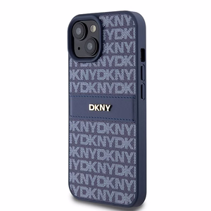 DKNY Ādas mono svītra un metāla logotips viedtālruņa apvalks iPhone 15 / 14 / 13 - zils