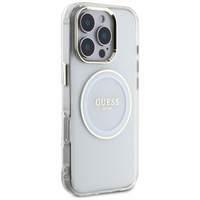 Guess IML Metal Colored Circle Classic Logo Magnētiskais viedtālruņa apvalks iPhone 16 Pro - balts