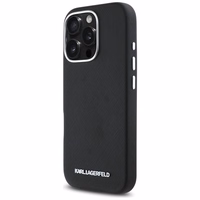 Karl Lagerfeld Saffiano pilnībā pārklāts iegarena metāla logotipa magnētiskais viedtālruņa apvalks iPhone 16 Pro - melns