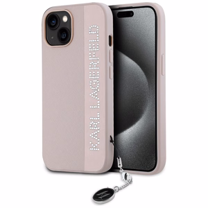 Karl Lagerfeld Saffiano Rhinestones & Charm viedtālruņa apvalks iPhone 15 / 14 / 13 - rozā
