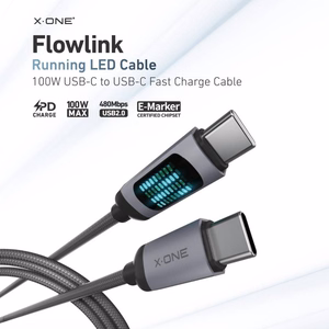 X-ONE FlowLink datu kabelis ar plūstošu LED apgaismojumu – C–C tipa – 5A, līdz 100W, 1,2m, melns