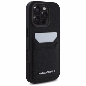 Karl Lagerfeld HC Graudainā PU viedtālruņa apvalks ar kartes slotu un metāla Elong iPhone 16 Pro Max - melns