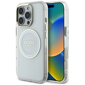 Guess IML Metal Colored Circle Classic Logo Magnētiskais viedtālruņa apvalks iPhone 16 Pro Max - balts