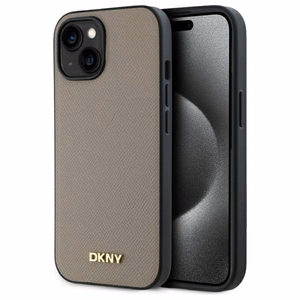 DKNY Grained Metal Logo Magnētiskais iPhone 15 viedtālruņa apvalks - bēšs