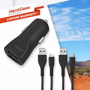 Energizer HardCase DC2BLCMM auto lādētājs, 2 × USB-A, 2,4 A, ar USB-C un Micro-USB kabeli, melns