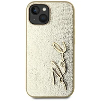 Karl Lagerfeld Wrinkled Metal Signature viedtālruņa apvalks iPhone 15 - zelta