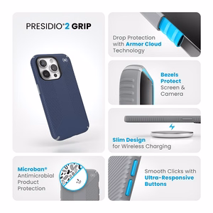 Speck Presidio2 Grip vāciņš ierīcei iPhone 15 Pro, “Coastal Blue / Dust Grey” krāsā