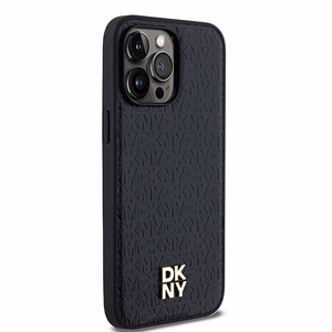 DKNY Ādas raksts metāla logotips MagSafe apvalks viedtālrunim iPhone 13 Pro Max - melns