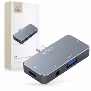 HUB Tech-Protect V6 4in1 USB-C - USB-A 3.0 / USB-C PD100W / HDMI / mini jack 3.5mm - pelēks