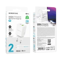 Borofone Sienas lādētājs BN14 Royal GaN - USB + Type C - QC 3.0 PD 30W ar Type C uz Lightning kabeli balts