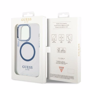 Guess GUHMP14XHTRMB iPhone 14 Pro Max 6.7" zils cietais viedtālruņa apvalks ar metāla kontūru, magnētiskais (MagSafe)