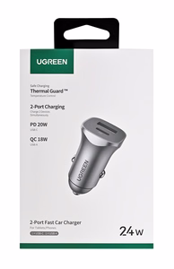Ugreen USB Type-C / USB 24W Power Delivery Quick Charge automašīnas lādētājs pelēks (30780)