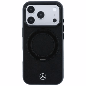 Mercedes MagSafe ādas maciņš ar gredzena statīvu, paredzēts iPhone 18 Pro / 17 Pro, melns