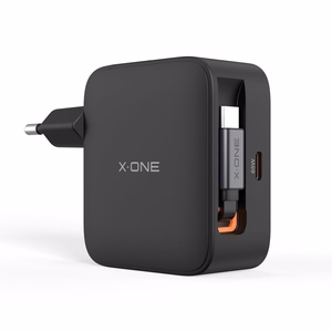 Ceļojumu lādētājs X-ONE ChargeGo GaN 65W ar ievelkamu kabeli un USB C pieslēgvietu – melns