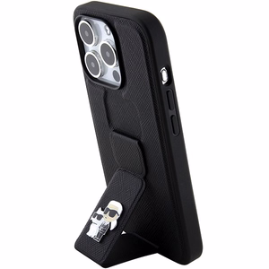 Karl Lagerfeld Gripstand Saffiano Karl&Choupette Pins viedtālruņa apvalks iPhone 15 Pro Max - melns