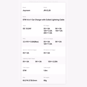 Joyroom ātrās uzlādes automašīnas lādētājs 4 in 1 PD, QC3.0, AFC, FCP ar Lightning kabeli 1.6m 57W melns (JR-CL20)