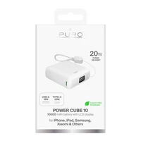 Puro 10000mAh 20W USB-C USB-A portatīvais lādētājs ar ekrānu un iebūvētu USB-C kabeli – balta