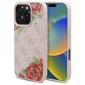 Guess GUHMP16LP4ROPEMCP iPhone 16 Pro 6.3" rozā/rozā cietais apvalks 4G Ziedu Druka Magnētiskais