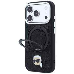 Melns MagSafe vāciņš Karl Lagerfeld ar 360° gredzena statīvu un Karla galvas emblēmu iPhone 18 Pro Max / 17 Pro Max