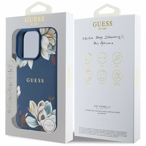 Guess Grained Printed Flower Pattern MagSafe viedtālruņa apvalks iPhone 16 Pro zils
