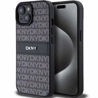 DKNY Ādas mono svītra un metāla logotips viedtālruņa apvalks iPhone 15 Plus / 14 Plus - melns