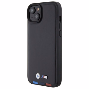 BMW BMHCP15M22PTDK viedtālruņa apvalks iPhone 15 Plus 6.7" melns/melns ādas ar trīskrāsu emblēmu